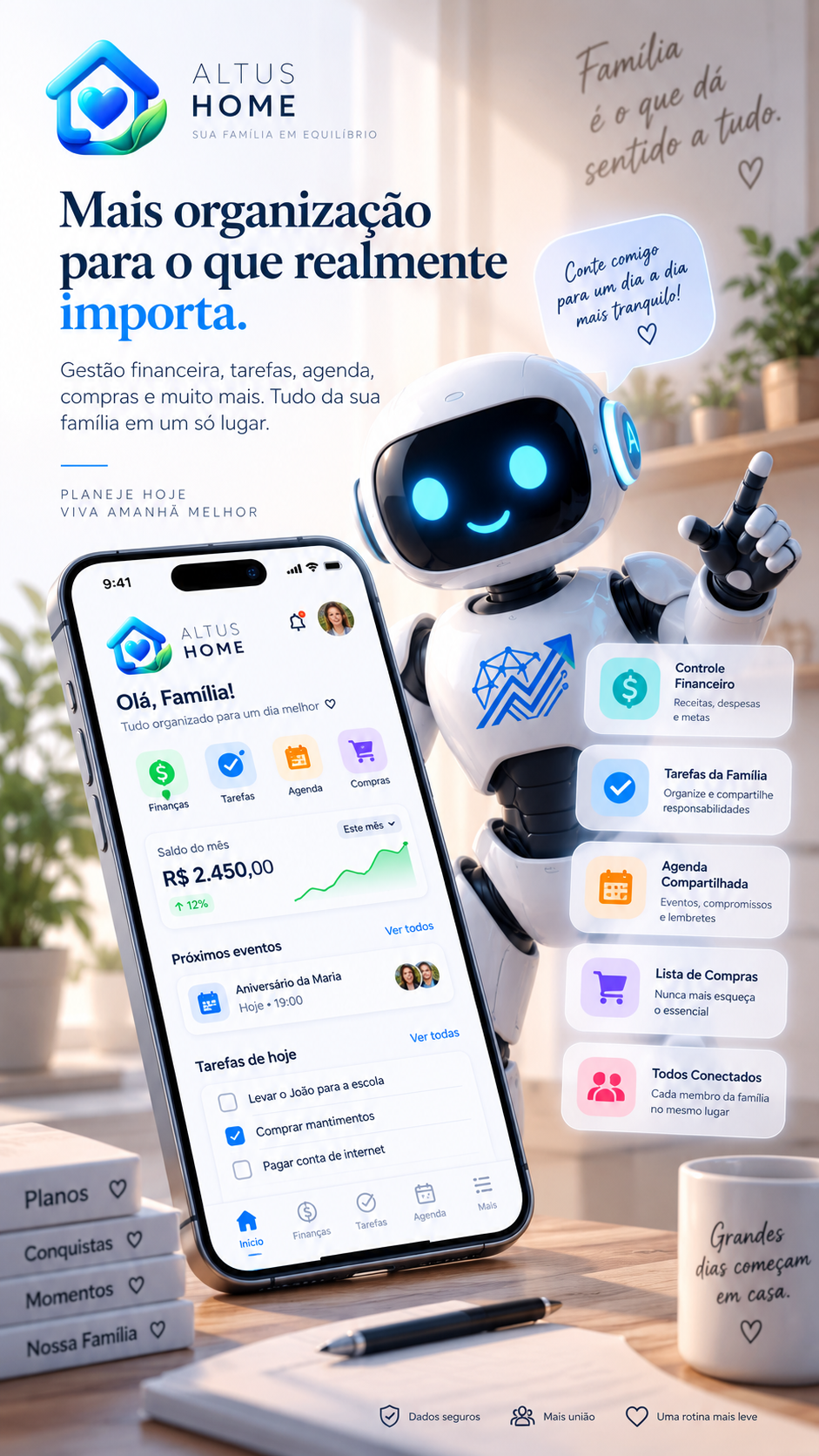 Peça Altus Home com app, robô e ícones da casa